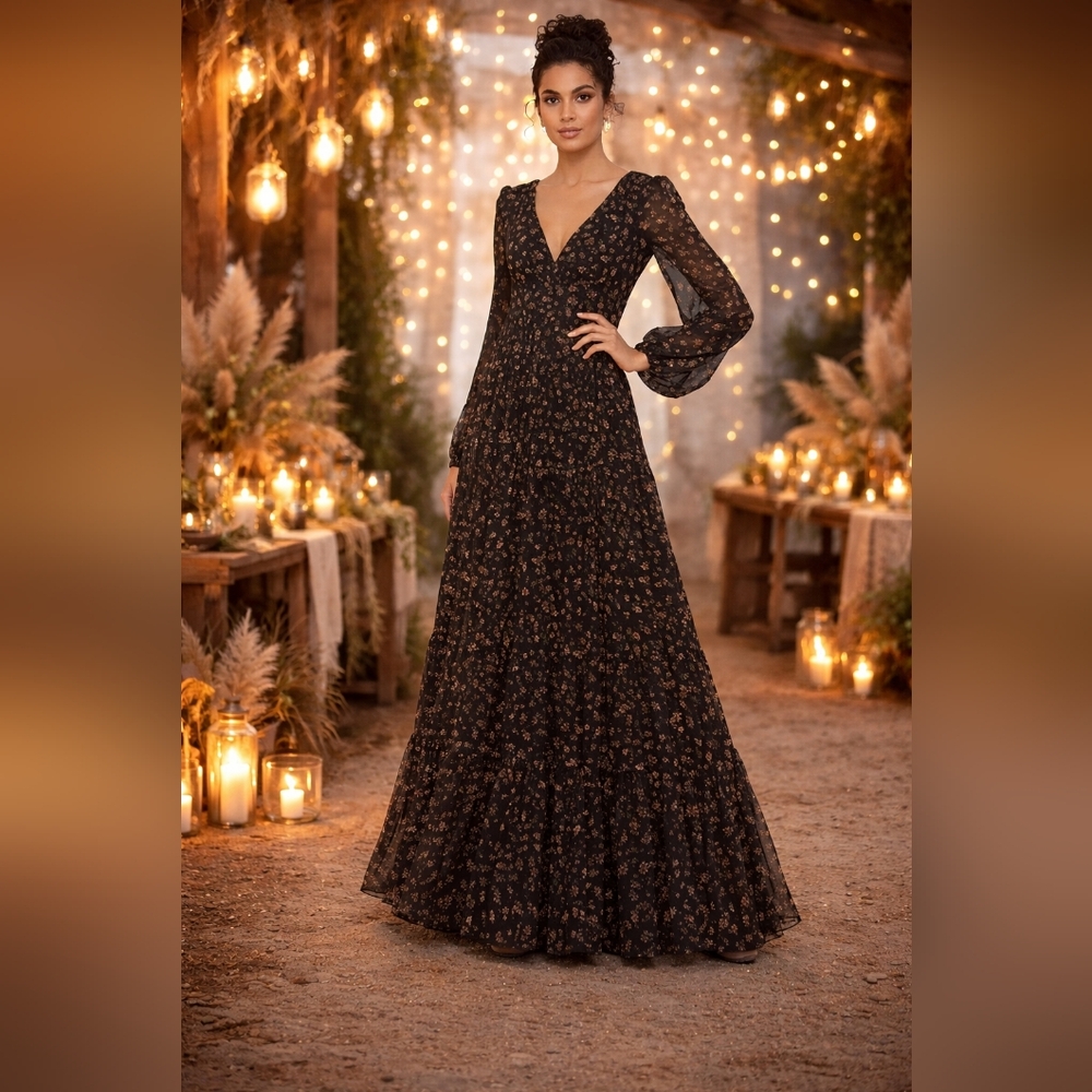 NWT Leena for Mac Duggal Black Floral Tiered Maxi Dress Size 10 | Boho Formal